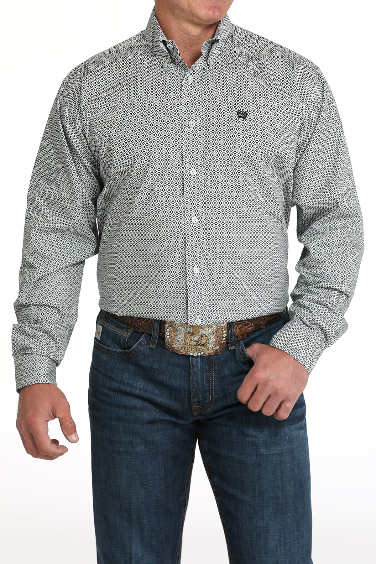 Mens Long Sleeve Print Button Down in Grey by Cinch