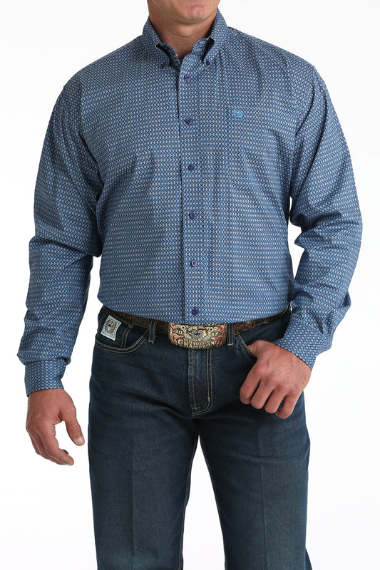 Cinch Mens Blue Geo Long Sleeve Button Down