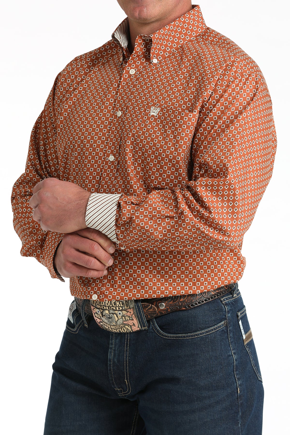 Mens Long Sleeve Button Down Shirt in  Burnt Orange Print with Plaid by Cinch