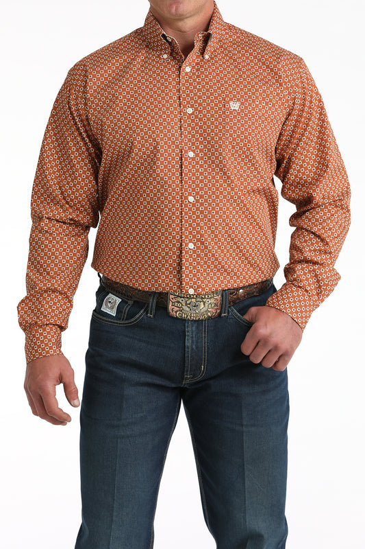 Mens Long Sleeve Button Down Shirt in  Burnt Orange Print with Plaid by Cinch