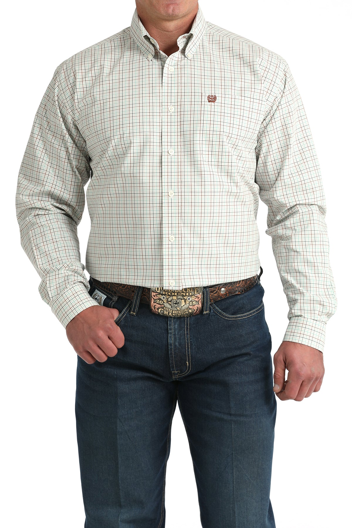 Mens Plaid Long Sleeve Button Up in Cream by Cinch