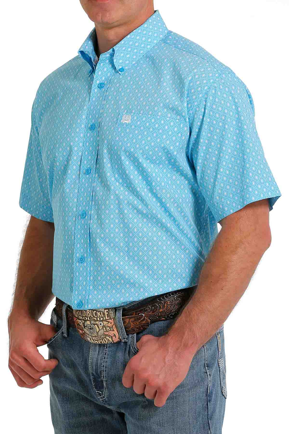Cinch Men's Geometric Print Button Down Western Short-Sleeve Shirt Turquoise