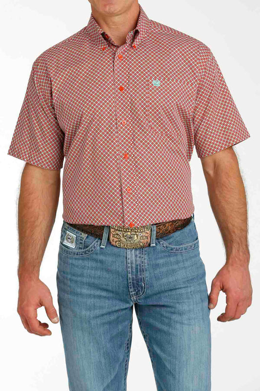 Men's Classic Red Geo Print Short Sleeve Button Down by Cinch