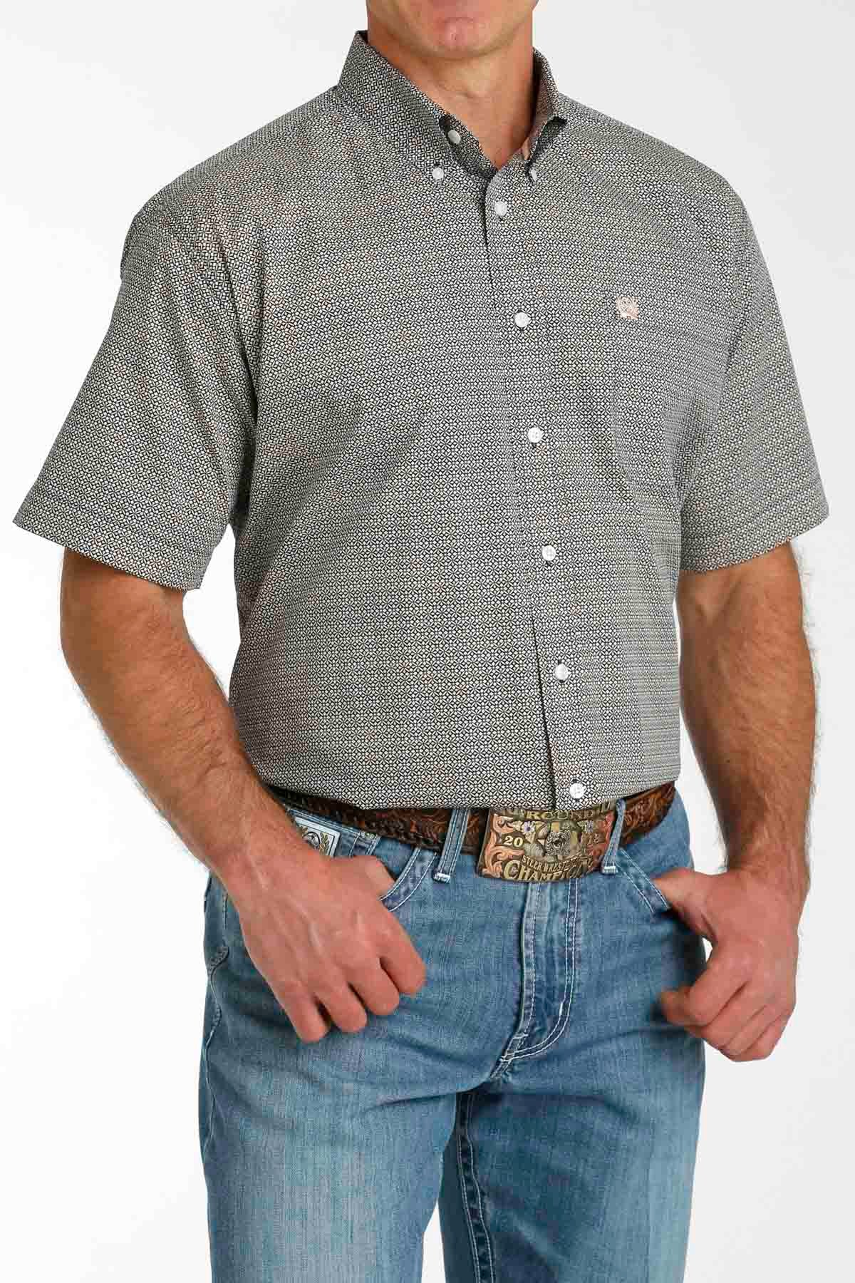 Classic Multi Geometric Print Short Sleeve Button Down Woven Shirt by Cinch