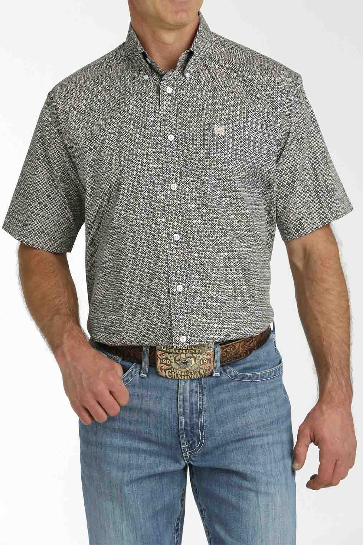 Classic Multi Geometric Print Short Sleeve Button Down Woven Shirt by Cinch