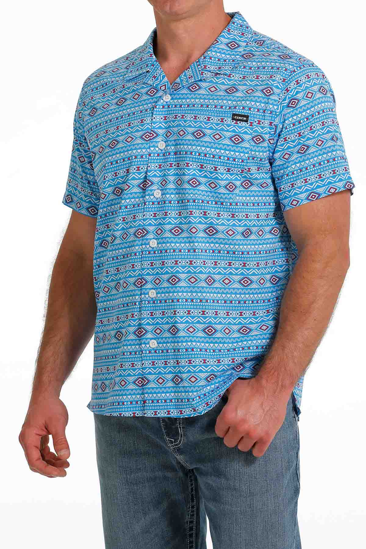 Cinch Men's Short-Sleeve Geo Print Camp Shirt in Turquoise Multi