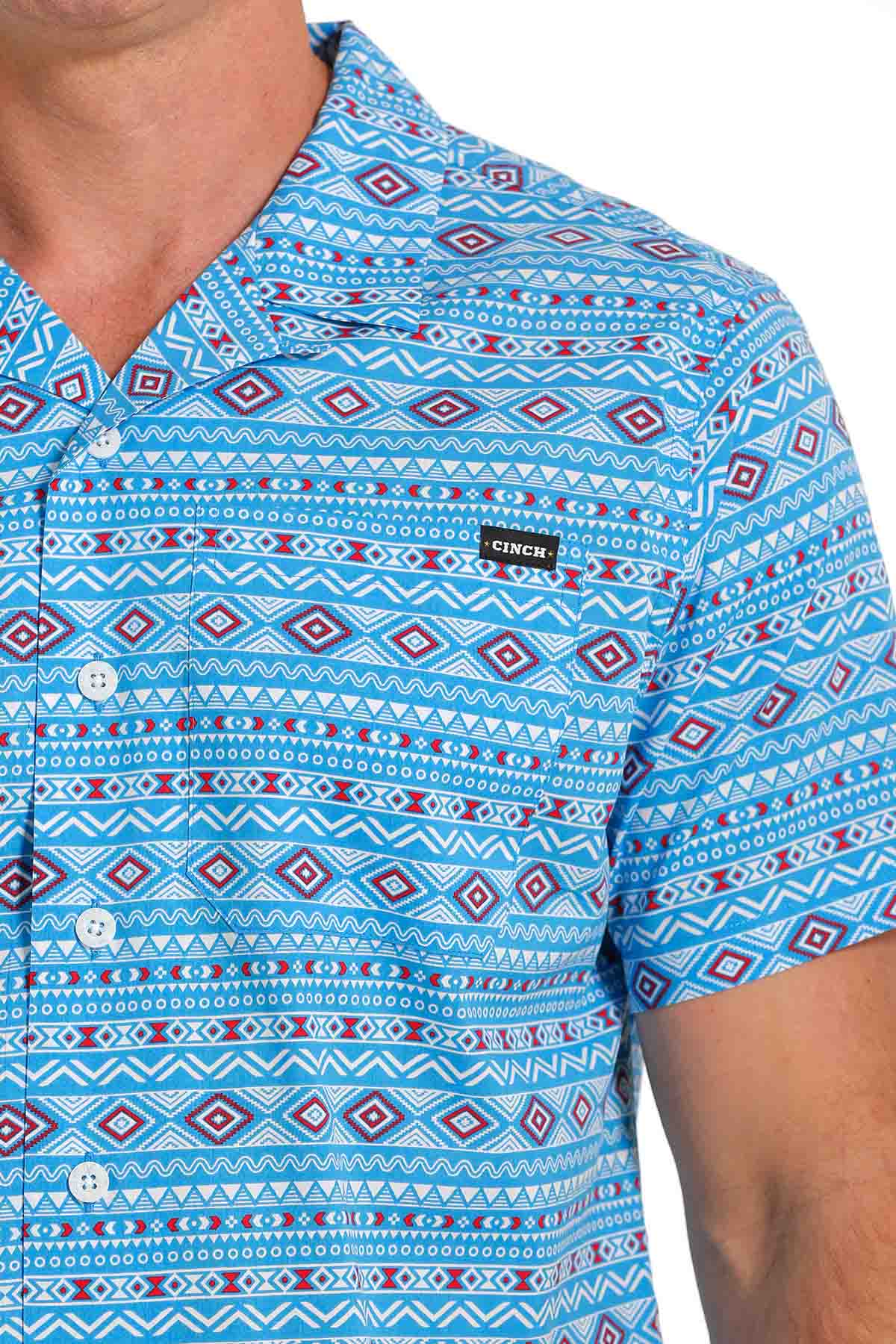 Cinch Men's Short-Sleeve Geo Print Camp Shirt in Turquoise Multi