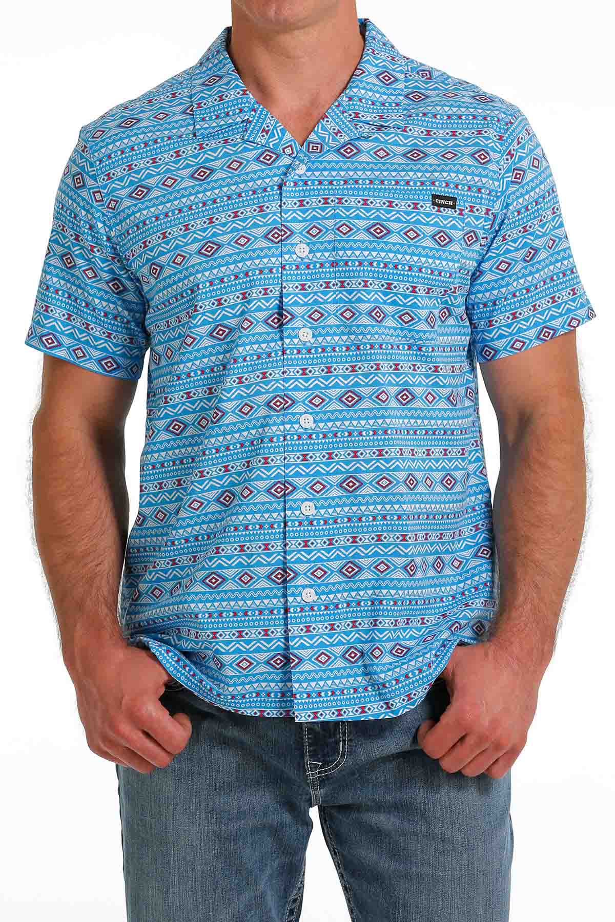 Cinch Men's Short-Sleeve Geo Print Camp Shirt in Turquoise Multi