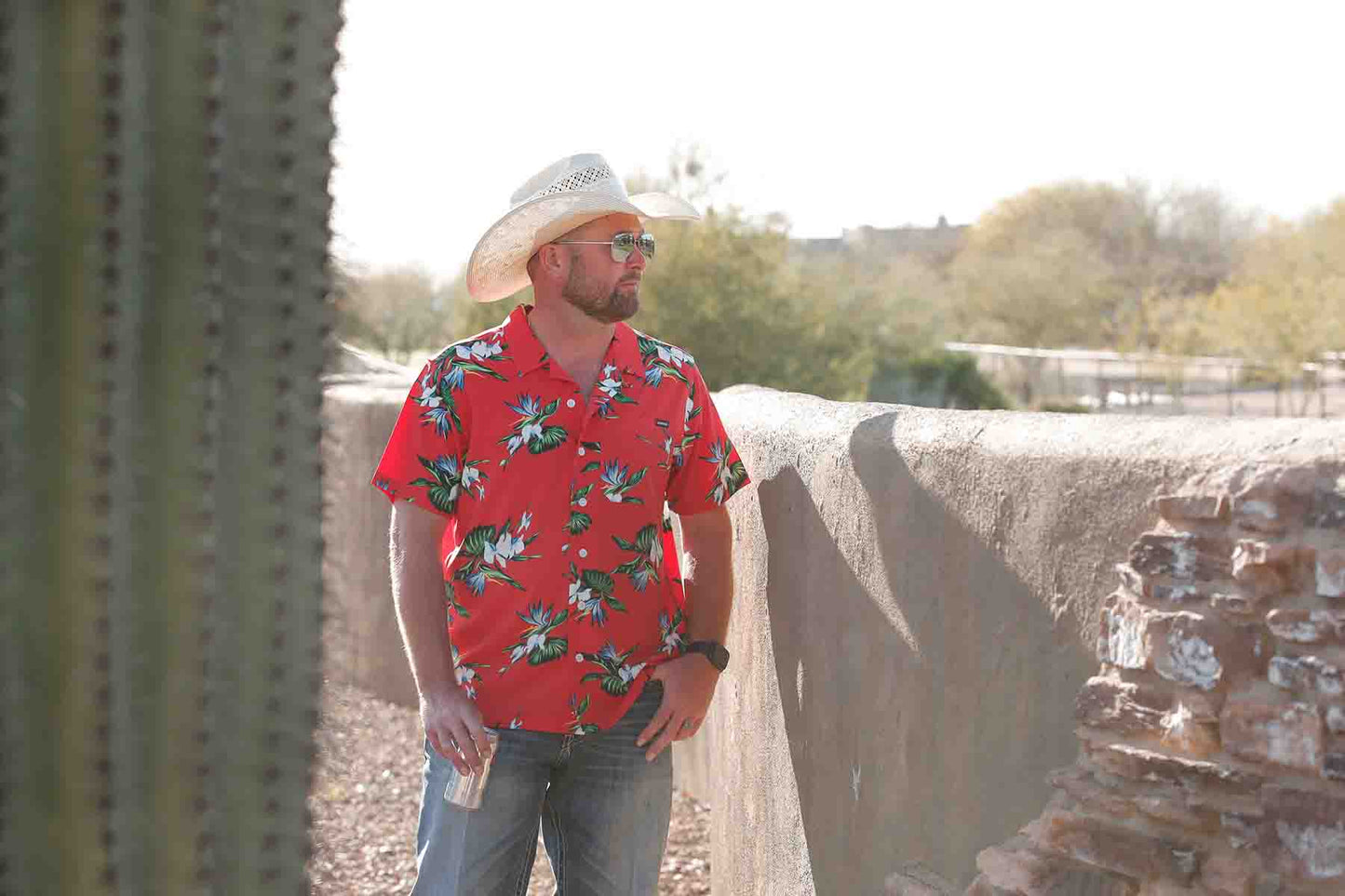 Men's Short-Sleeve Floral Print Camp Shirt in Red Multi by Cinch