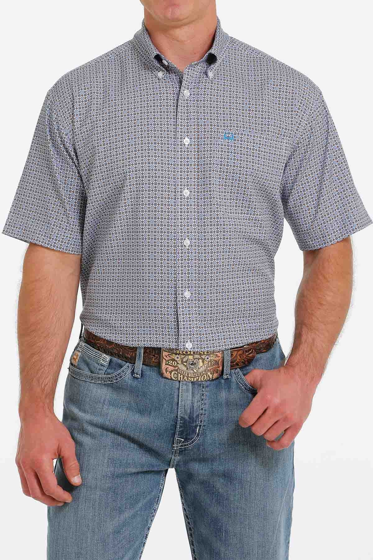 Men's Cinch Arenaflex White & Blue Geometric Print SSL BD Shirt