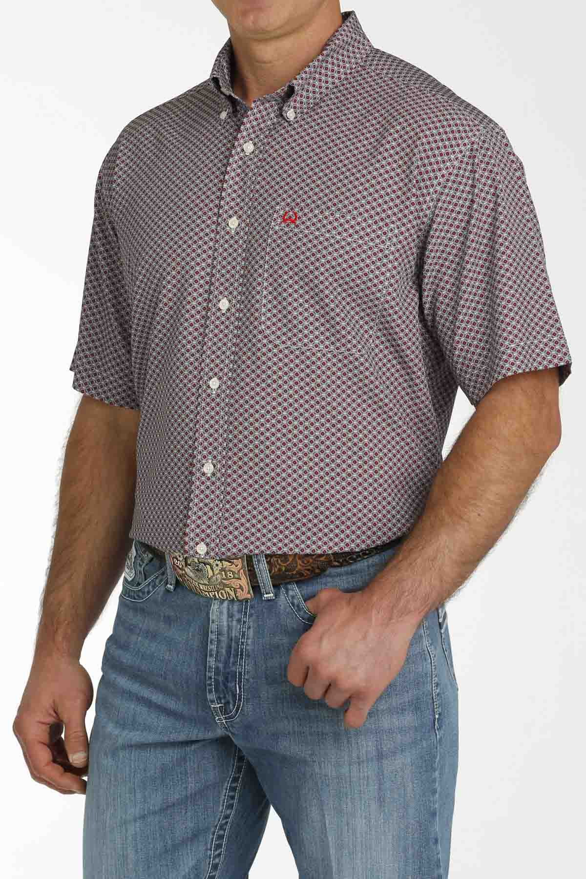 Men's Floral Geo Print ArenaFlex Short Sleeve Button Down Shirt in Red/Grey by Cinch