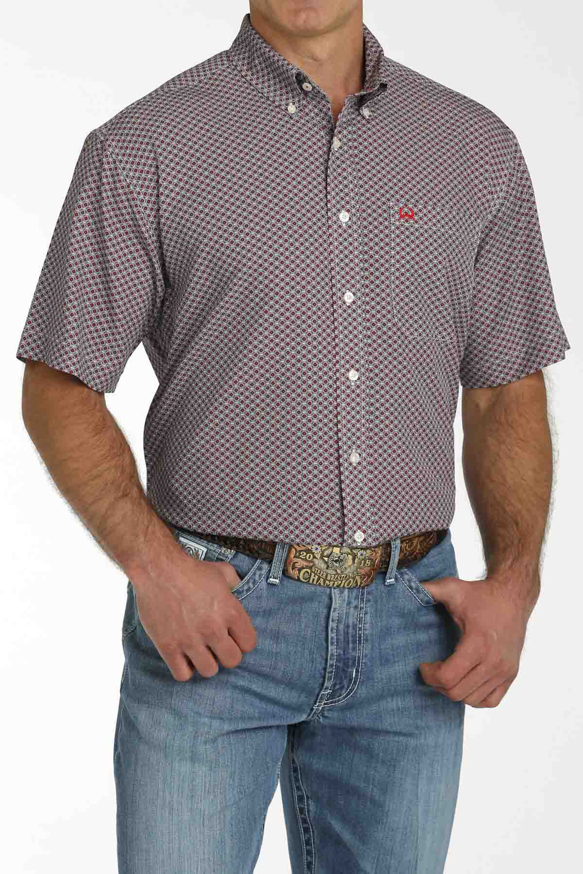 Men's Floral Geo Print ArenaFlex Short Sleeve Button Down Shirt in Red/Grey by Cinch