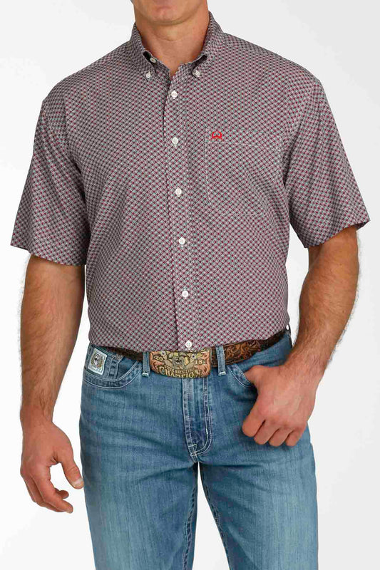 Men's Floral Geo Print ArenaFlex Short Sleeve Button Down Shirt in Red/Grey by Cinch