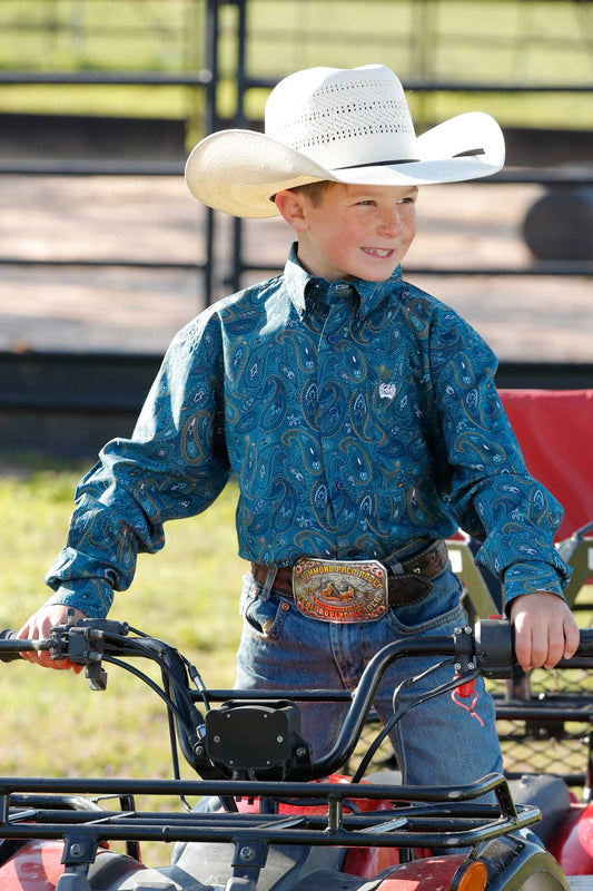 Boys Blue/Orange Paisley Long Sleeve Button Down Shirt by Cinch