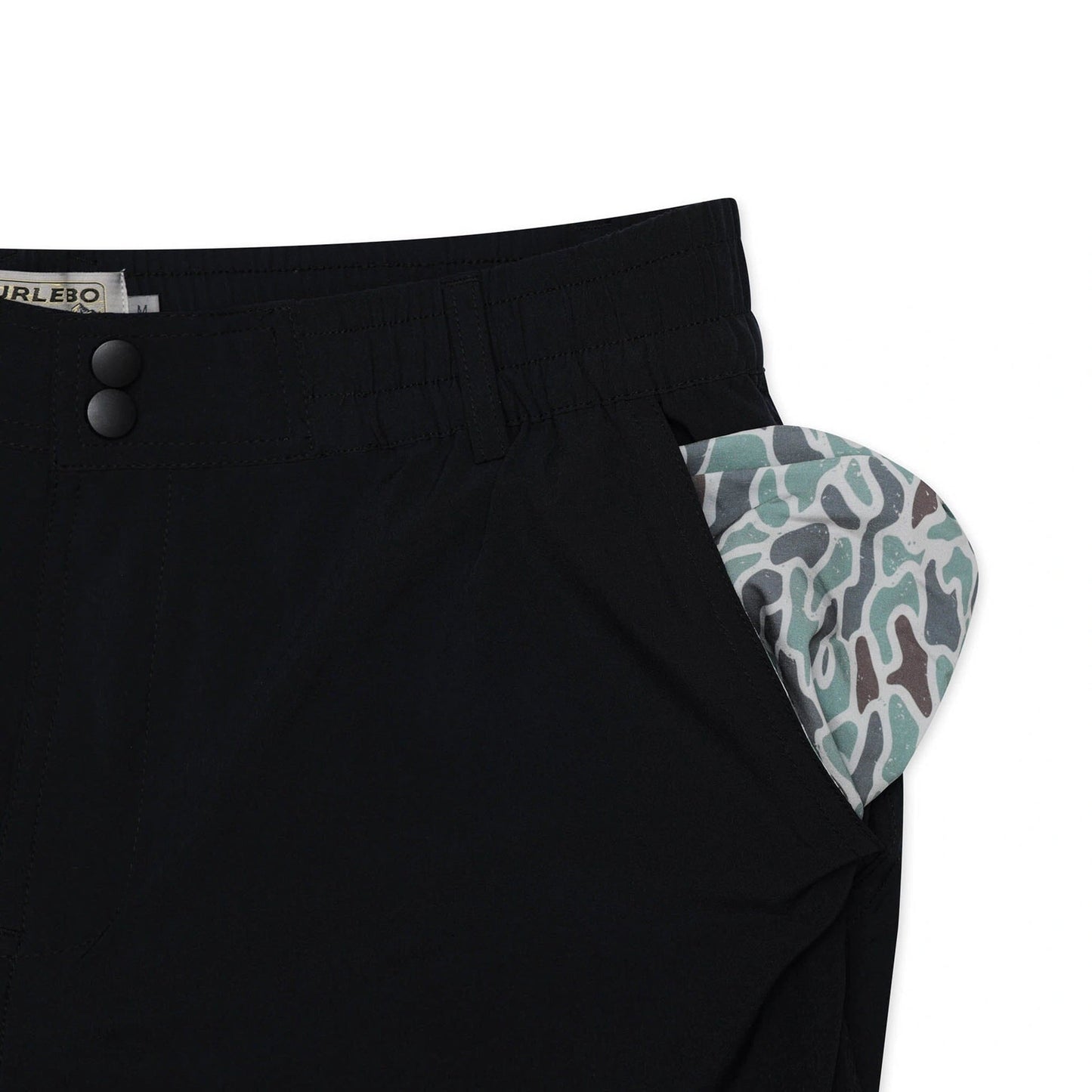 Matte Black Everyday Shorts with Throwback Camo Pocket by Burlebo