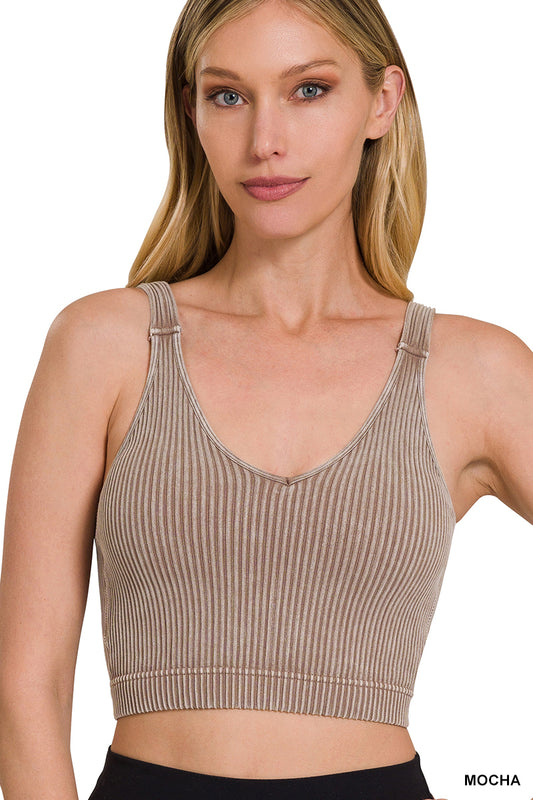 Washed Ribbed Cropped Bra Padded Tank Top