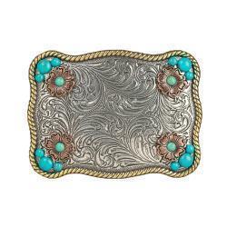 Ladies Rectangle Buckle Flower with Accent Turquoise Stones by Nocona