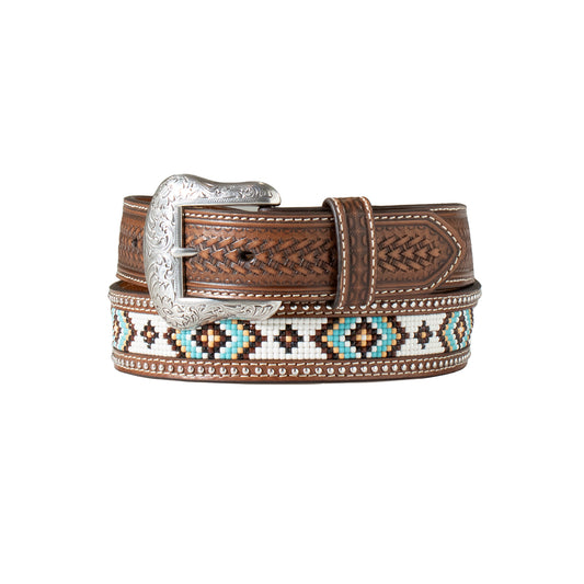 Mens Arrow Basket Weave Beaded Inlay Belt in Brown in Nocona