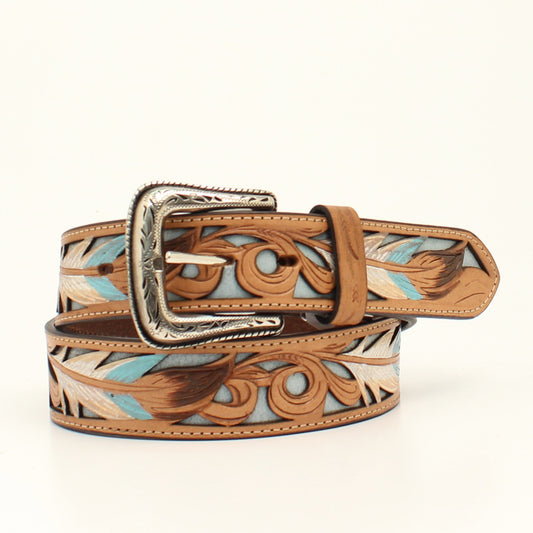 Mens Tooled and Painted Feather Filigree Belt in Brown in Nocona