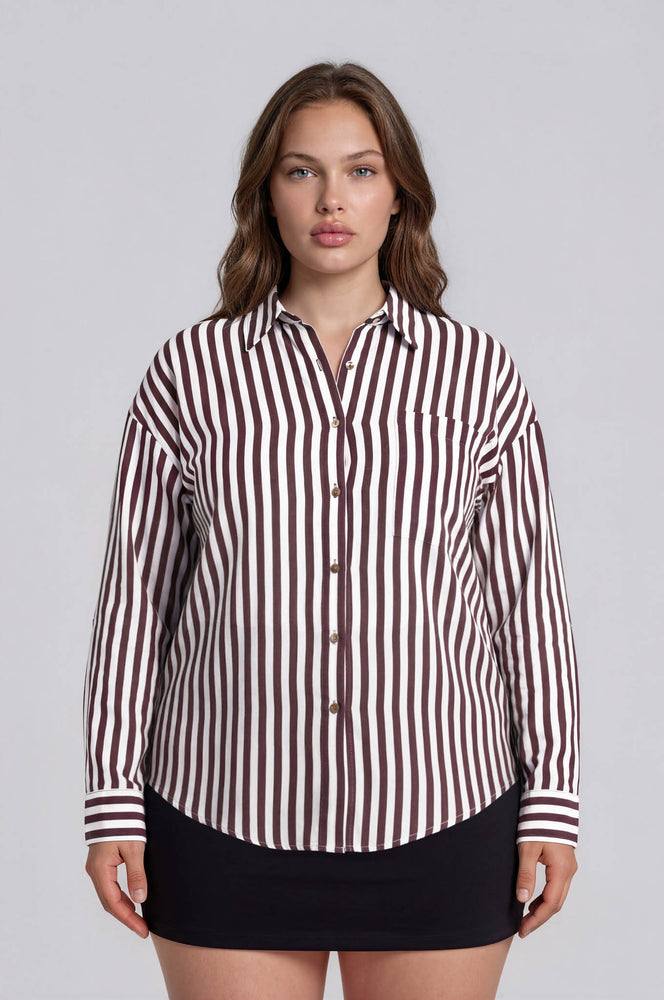 Vertical Stripe Collared Button Down Shirt in Plus Size by Blu Pepper