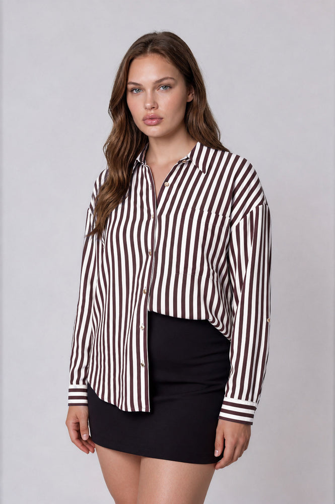 Vertical Stripe Collared Button Down Shirt in Plus Size by Blu Pepper