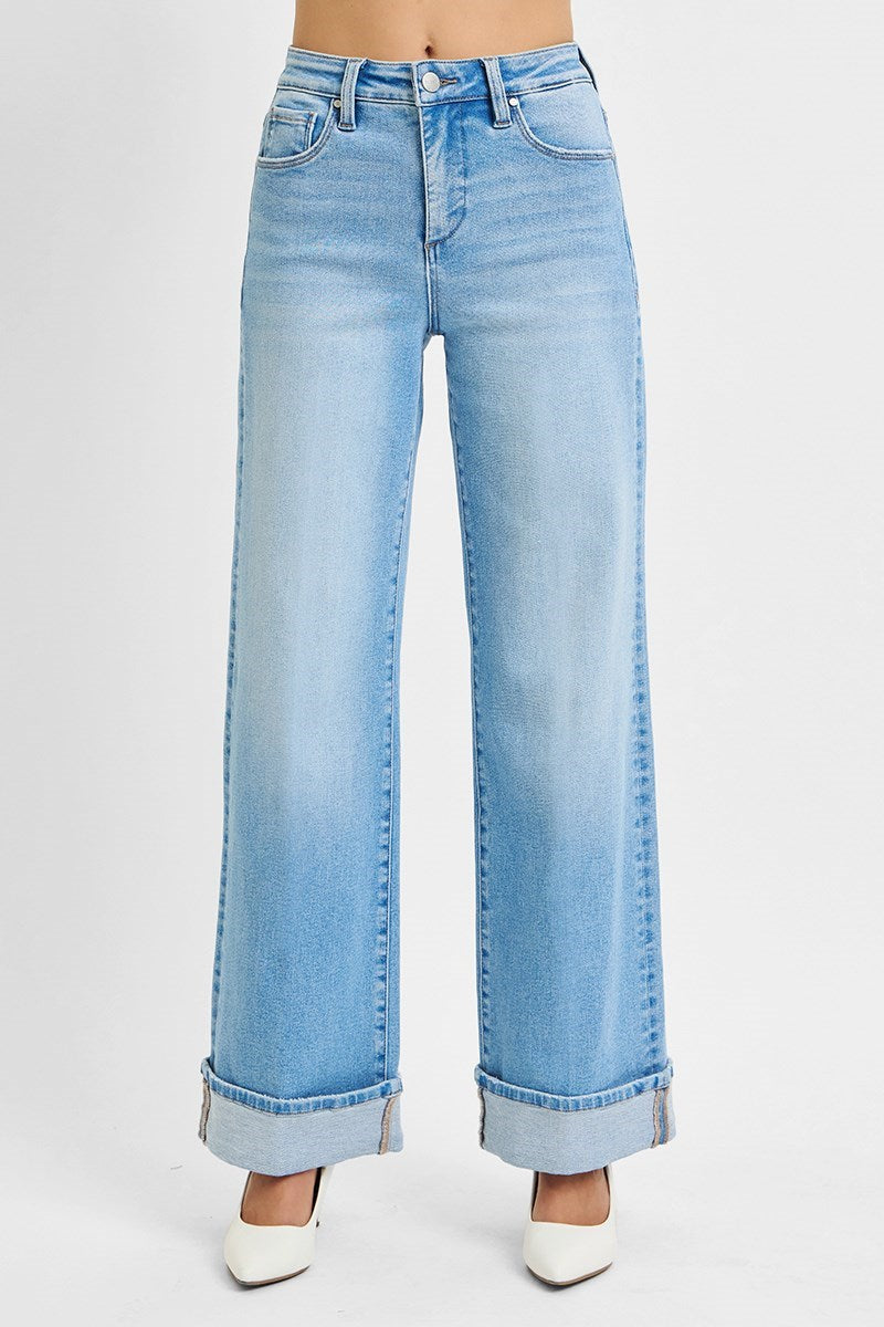 High Rise Wide Leg Cuffed Jeans w/ Tummy Control by Risen