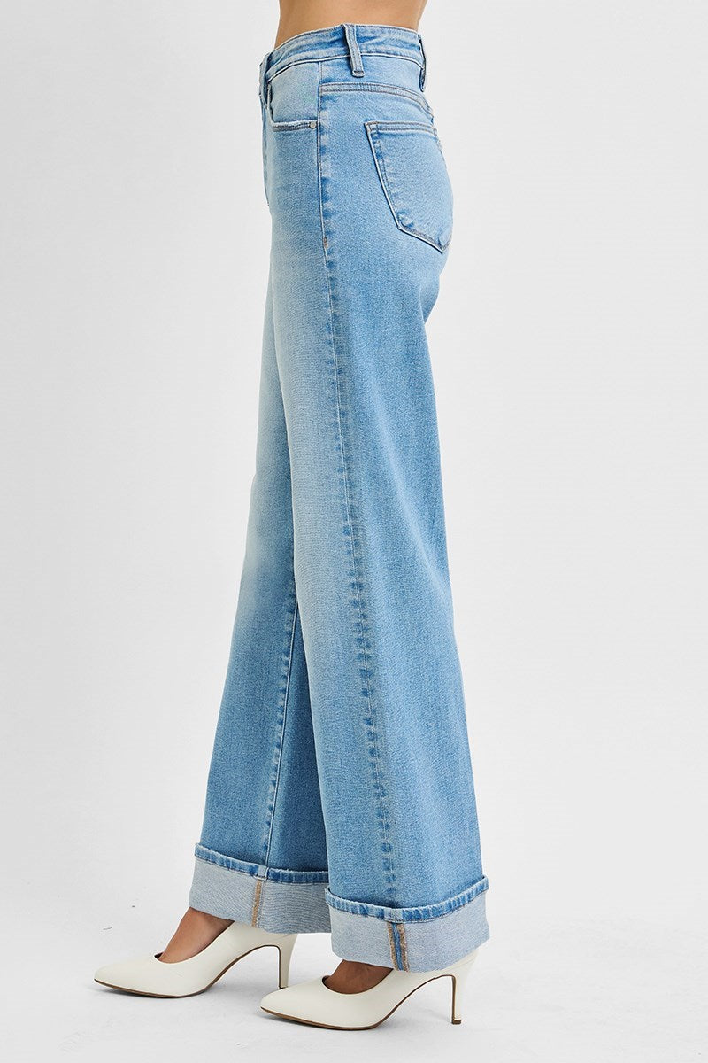 High Rise Wide Leg Cuffed Jeans w/ Tummy Control by Risen