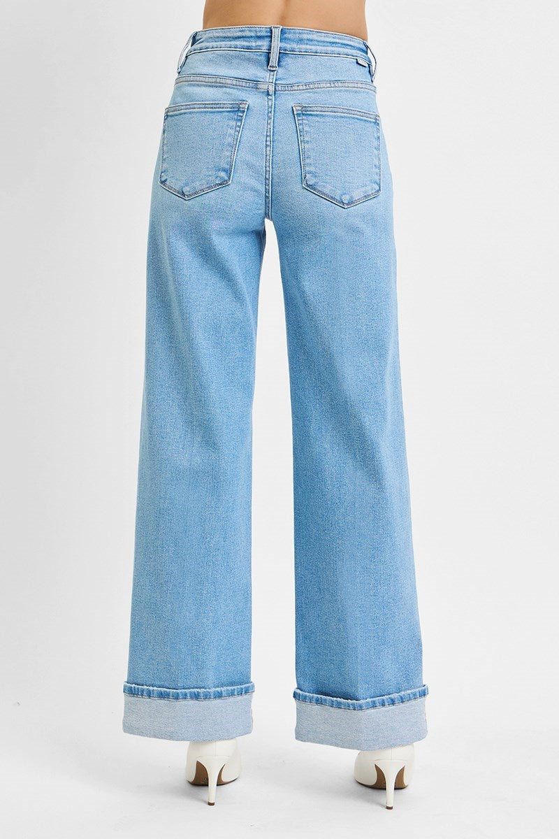 High Rise Wide Leg Cuffed Jeans w/ Tummy Control by Risen