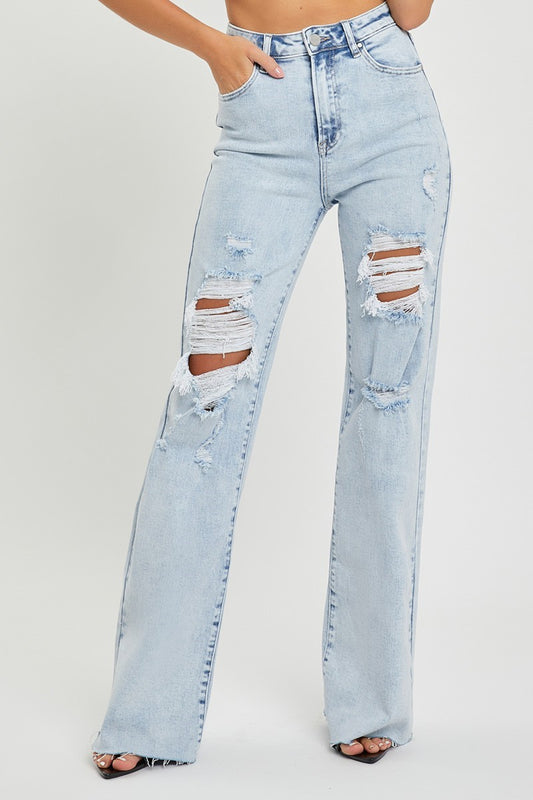 High Rise Wide Leg Distressed Long Jeans in Light Blue Acid Wash by Risen Jeans