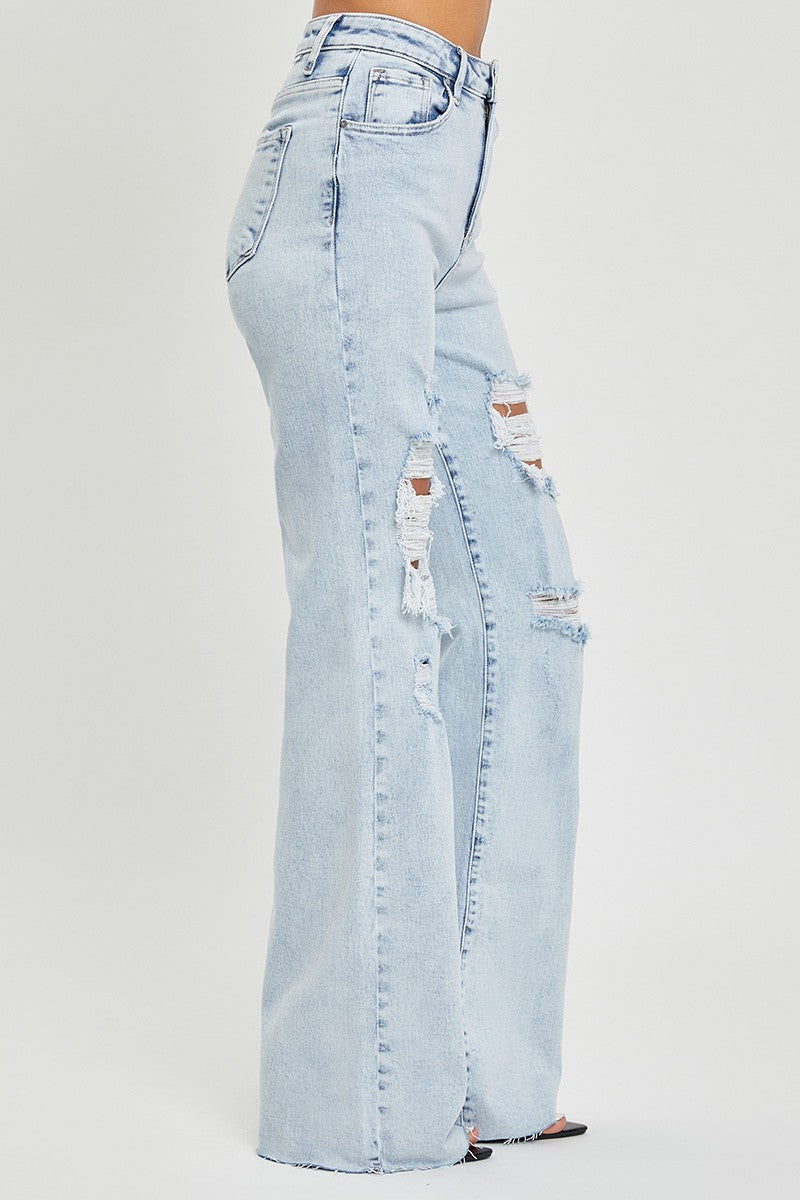 High Rise Wide Leg Distressed Long Jeans in Light Blue Acid Wash by Risen Jeans