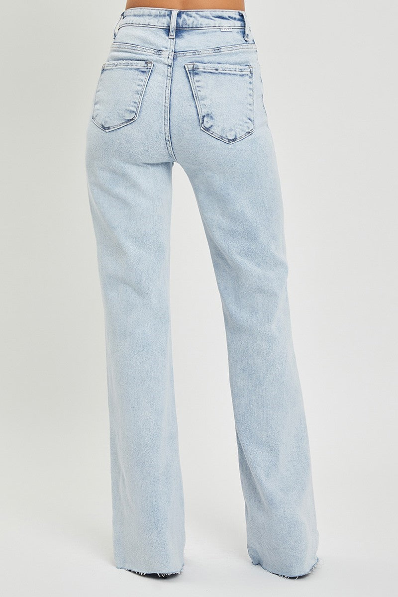 High Rise Wide Leg Distressed Long Jeans in Light Blue Acid Wash by Risen Jeans