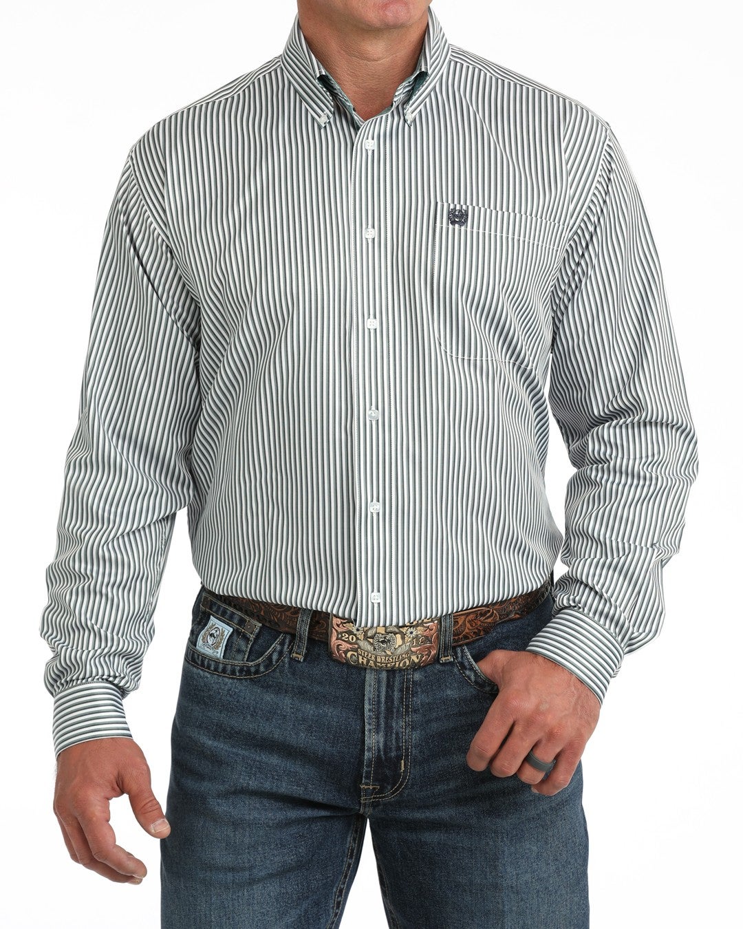 Mens Long Sleeve Grey Stripe Classic Fit Shirt with Tencel by Cinch