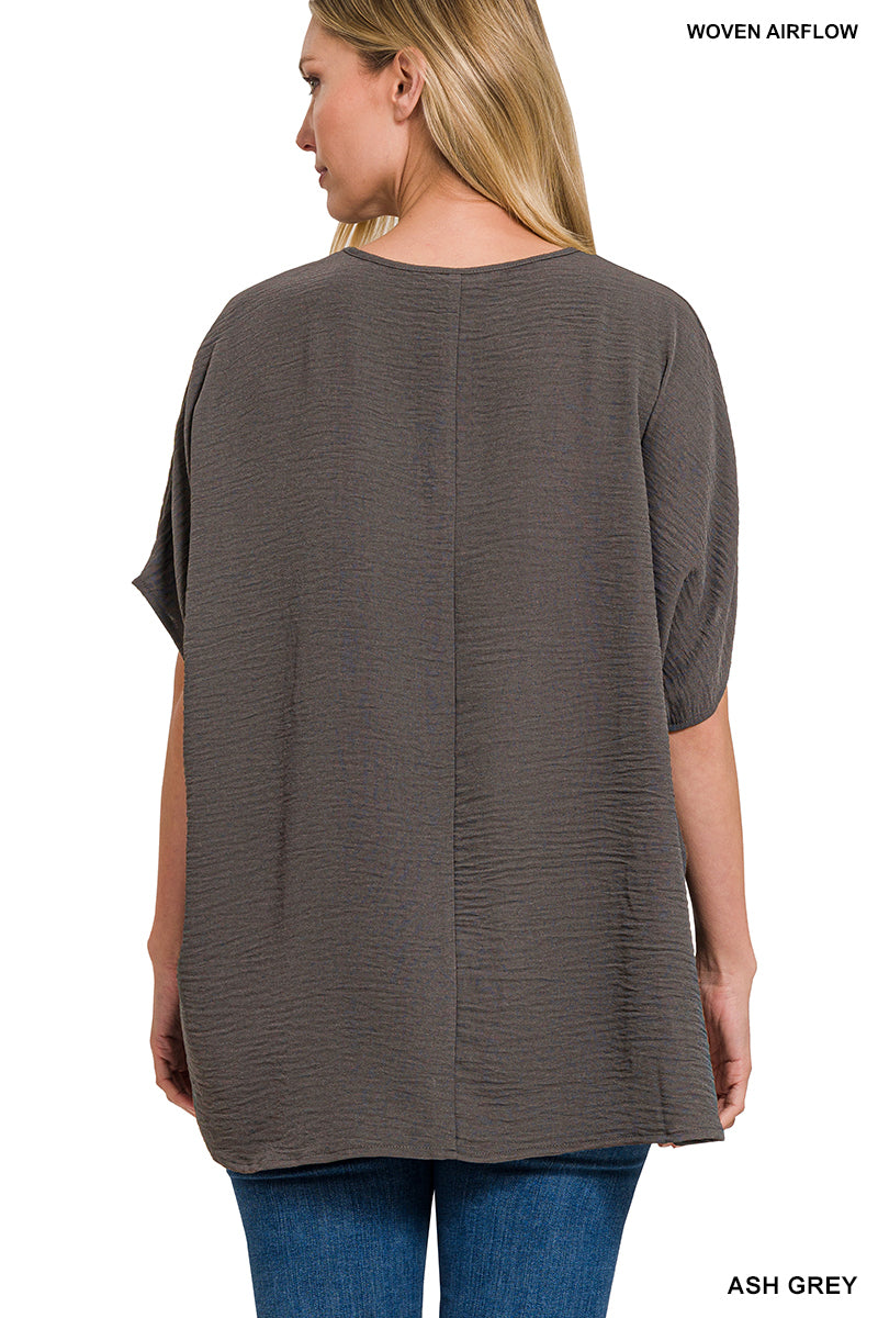 Woven Airflow V-Neck Dolman Short Sleeve Top