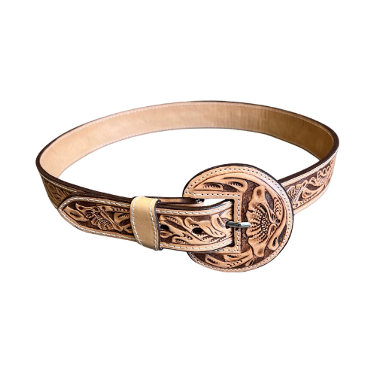 Floral Stamped Western Belt with Round Buckle by Que Chula