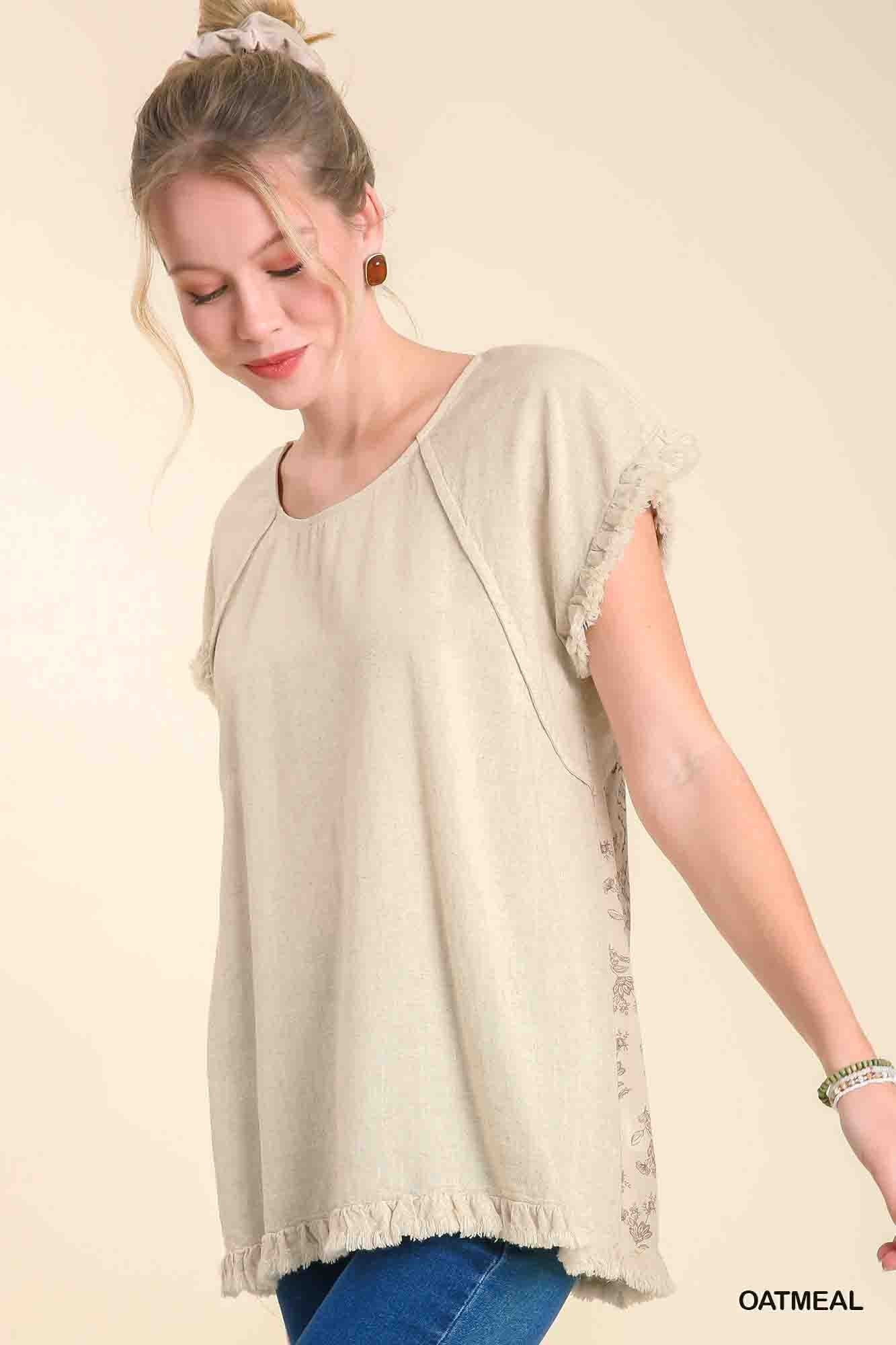 Linen Scoop Neck Shirt with Printed Back