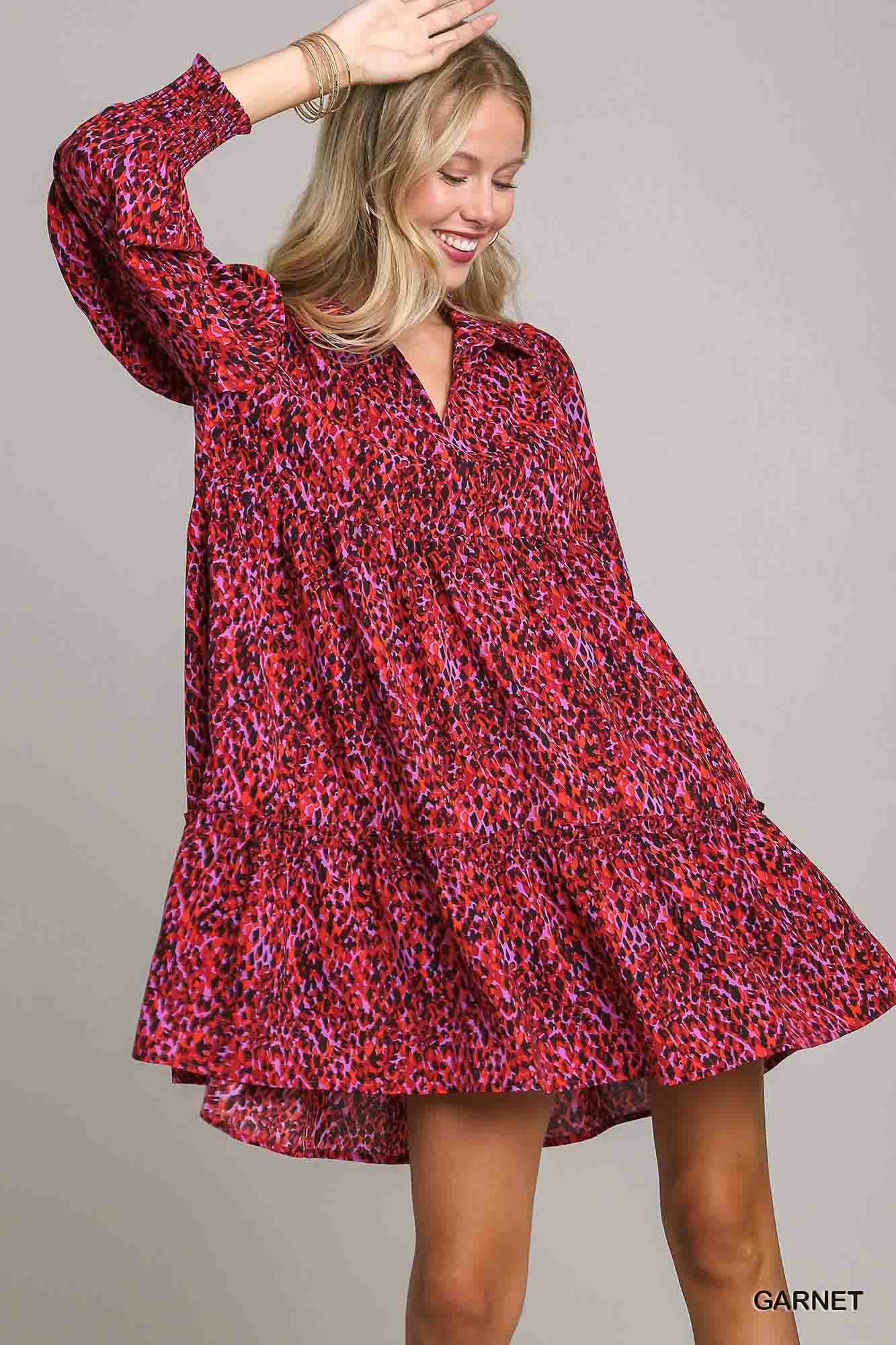 Mixed Print LSL Dress with Ruffle Trim in Garnet by Umgee