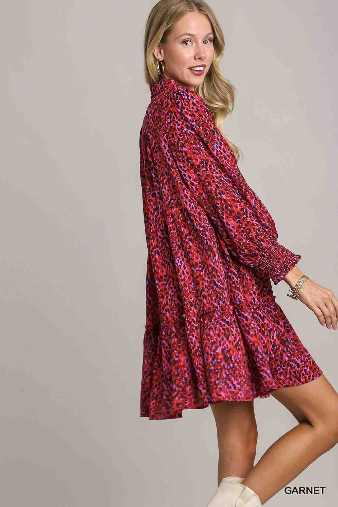 Mixed Print LSL Dress with Ruffle Trim in Garnet by Umgee