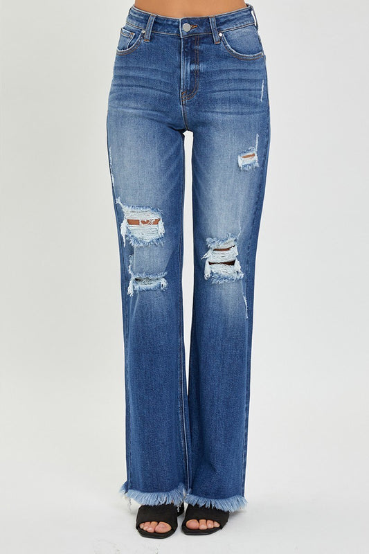 High Rise Knee Distressed Wide Straight Jeans in Dark Blue by Risen Jeans
