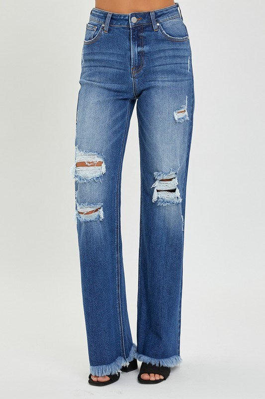 High Rise Knee Distressed Wide Straight Jeans in Dark Blue by Risen Jeans