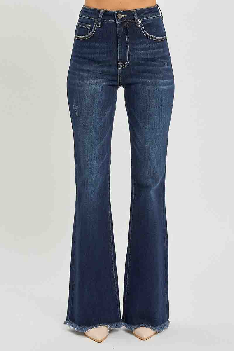 High Rise Vintage Frayed Flare Hem Jeans by Risen Jeans