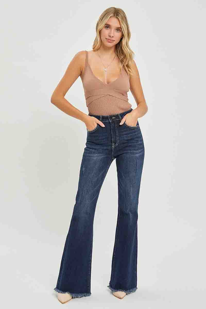 High Rise Vintage Frayed Flare Hem Jeans by Risen Jeans