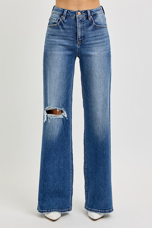 Tummy Control High Rise Wide Leg Jeans in Dark Blue by Risen