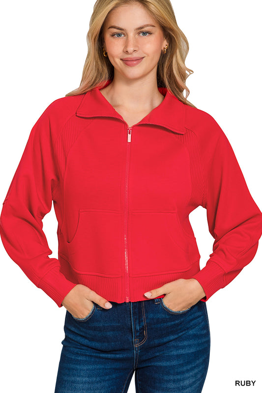Soft Scuba Full Zip Jacket in Red by Zenana