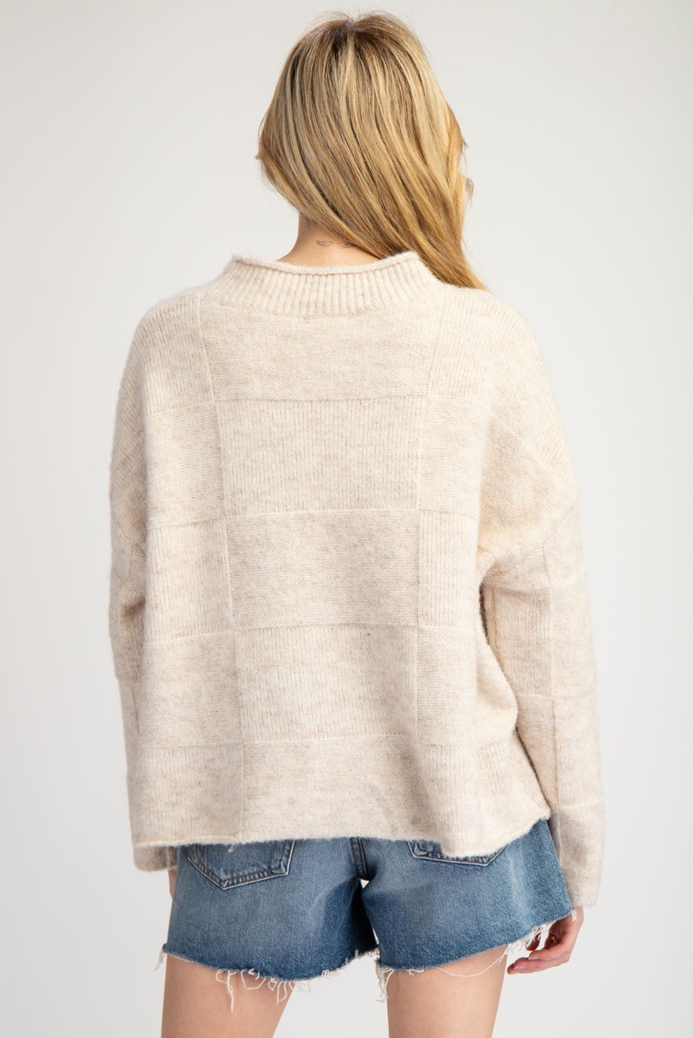 Checker Mock Neck Sweater Top in Oatmeal by ee:some