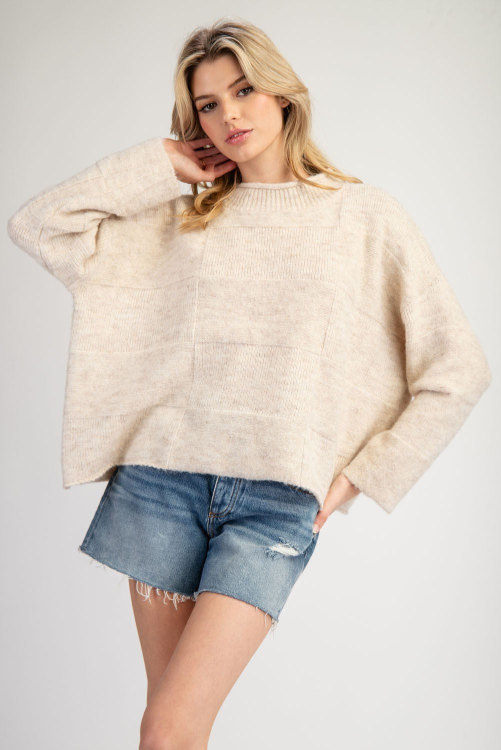 Checker Mock Neck Sweater Top in Oatmeal by ee:some