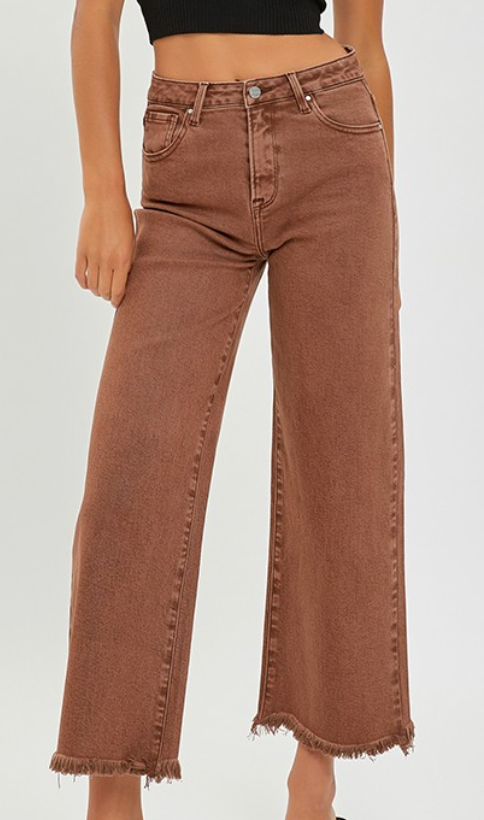 High Rise Tummy Control Crop Wide Leg Jeans in Espresso by Risen Jeans