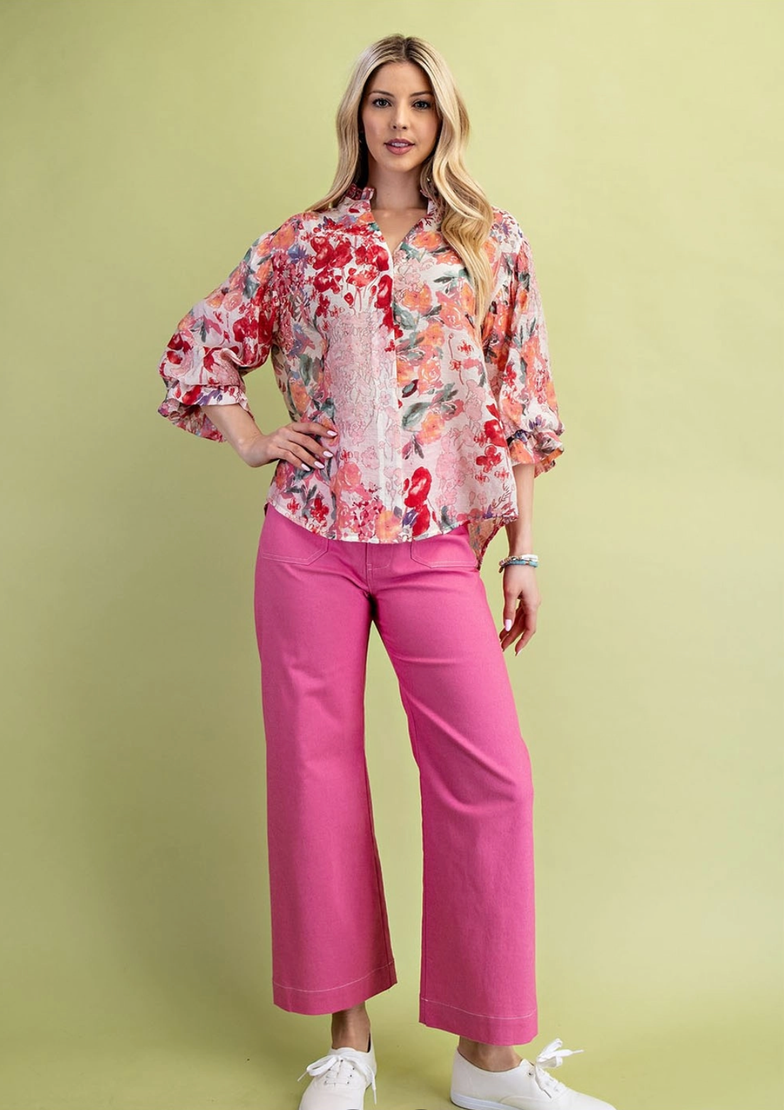 Floral Printed Button Down Top with 3/4 Length Gathered Balloon Sleeves by GiGio