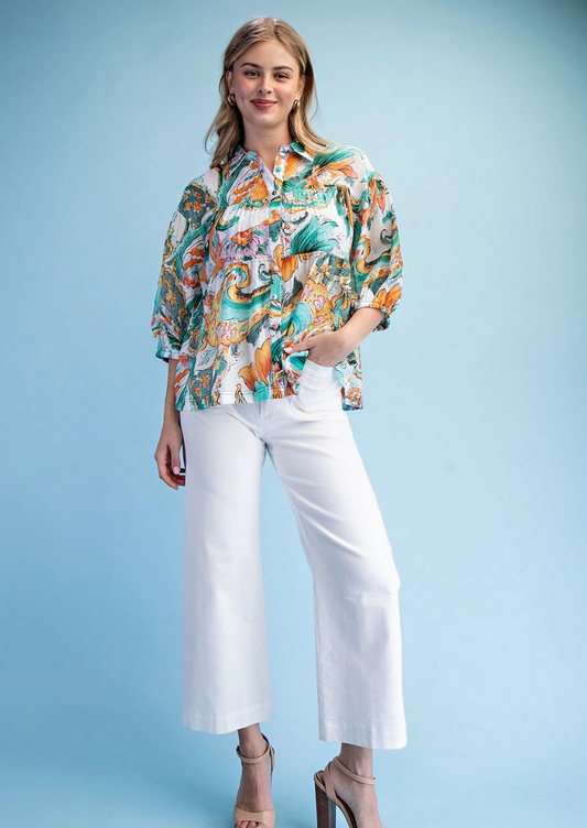 Printed Button Up Babydoll Blouse with 3/4 Length Sleeves by GiGio