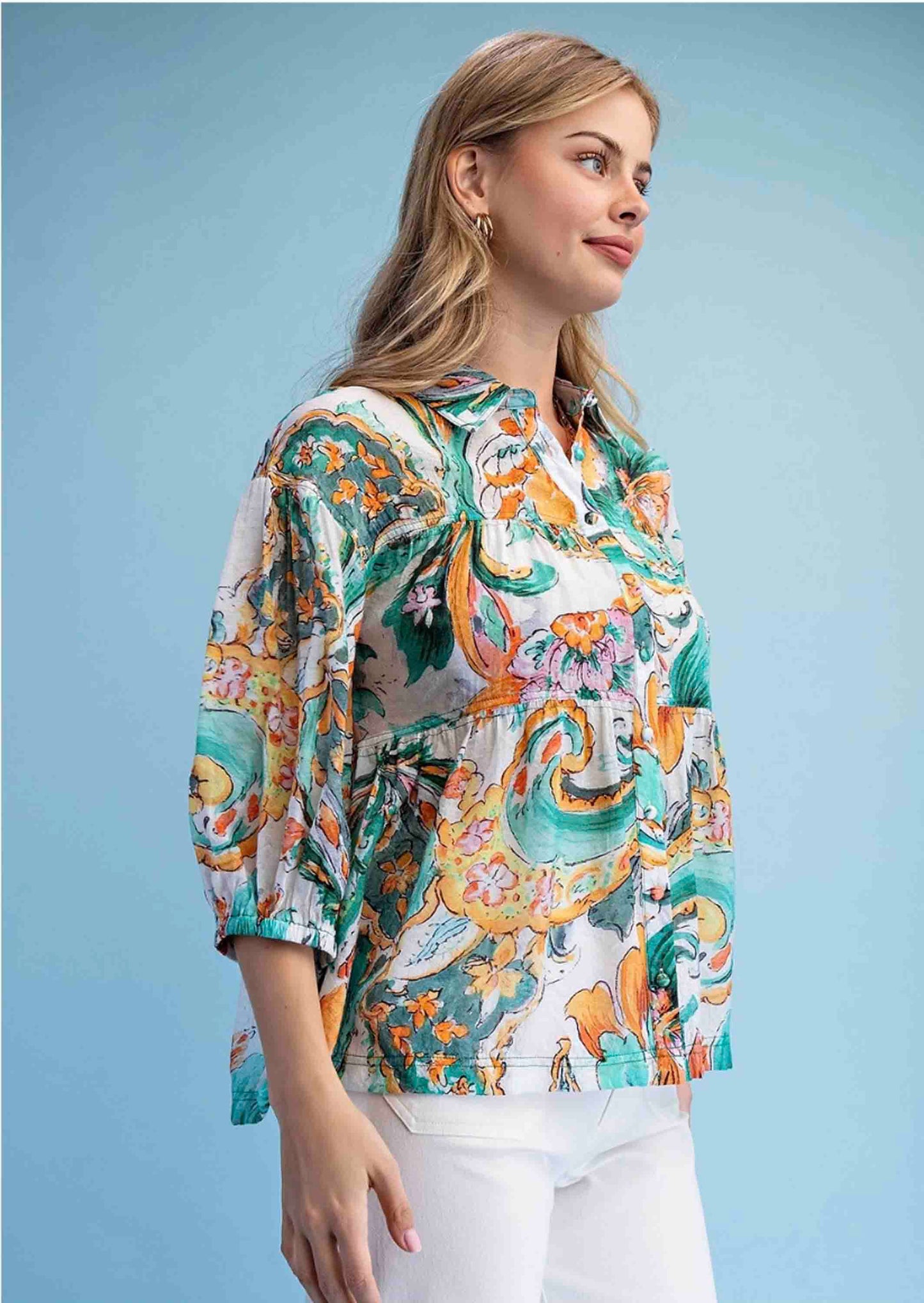 Printed Button Up Babydoll Blouse with 3/4 Length Sleeves by GiGio