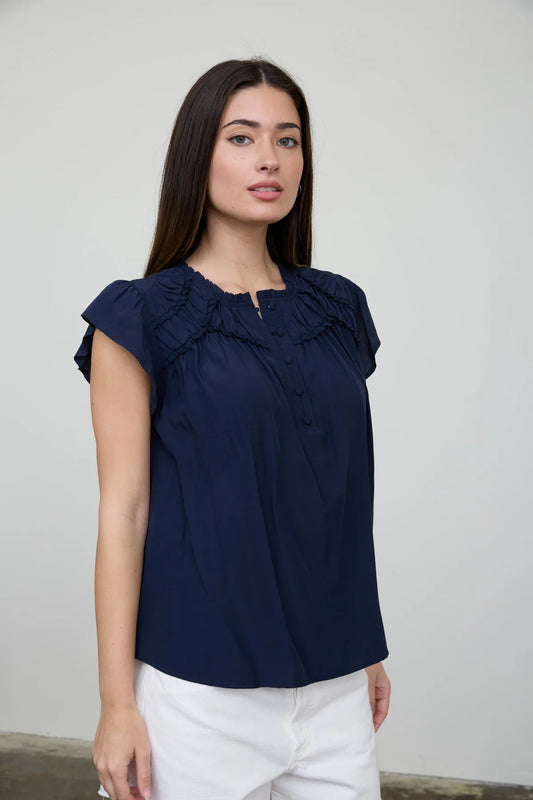 Ruffled Yoke SSL Henley Blouse in Navy by Blu Pepper
